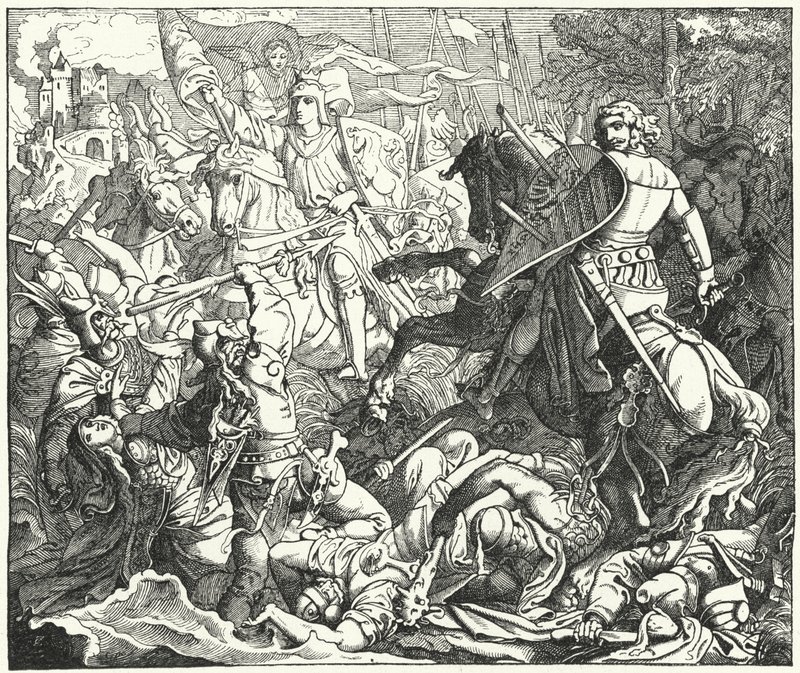 Otto I. Německá porážka Maďarů v bitvě u Lechfeldu, 955 (rytina) od German School