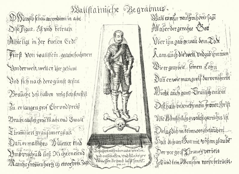 Brožura vydaná in memoriam zavražděného českého vojevůdce Albrechta z Valdštejna (rytina) od German School