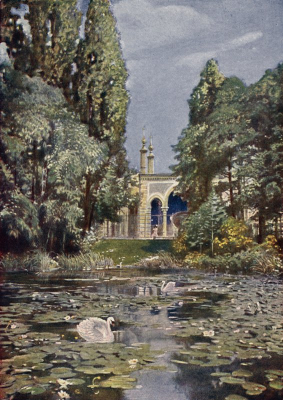 Část jezera Vierwaldstattersee a antilopího domu, Berlínská zoologická zahrada, Německo (barva litho) od German School