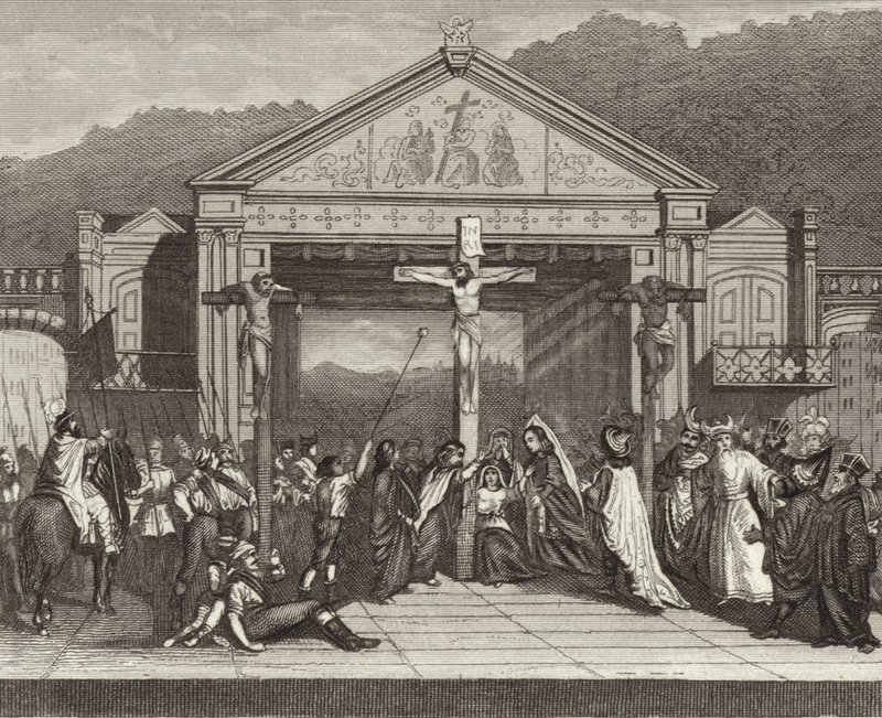 Pašijová hra v Oberammergau, Bavorsko, Německo. Ilustrace pro Bilder-Atlas (rytina) od German School