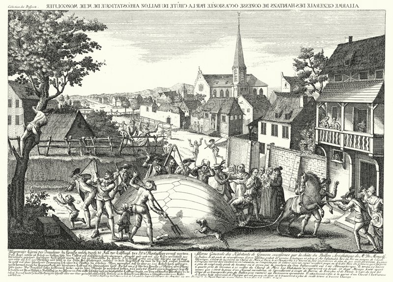 Rolníci útočící na balón Jacquese Charlese a Robert Brothers poté, co sestoupil v Gonesse, 27. srpna 1783 (rytina) od German School