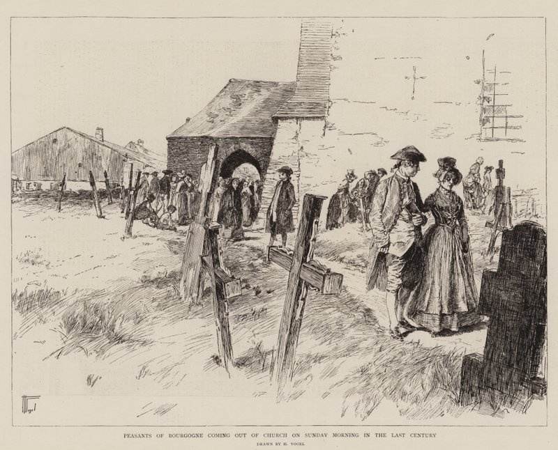 Rolníci z Burgundska vycházející z kostela v neděli ráno v minulém století (rytina) od German School