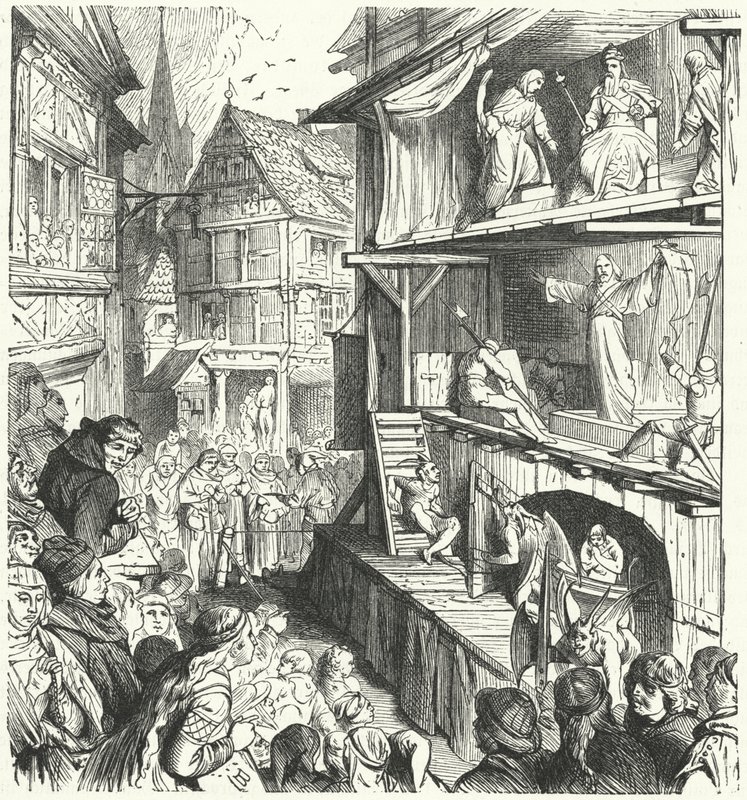 Představení pašijové hry v 16. století (rytina) od German School