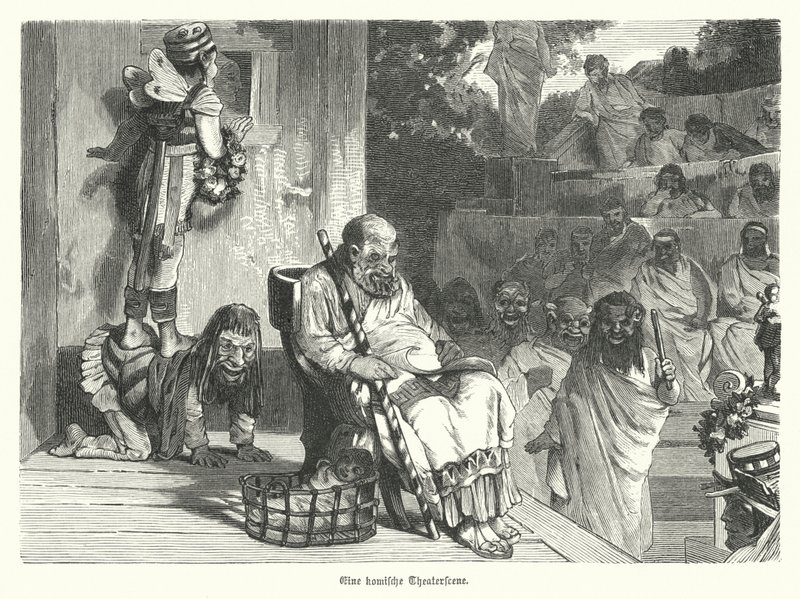 Představení komedie v divadle ve starověkém Řecku (rytina) od German School