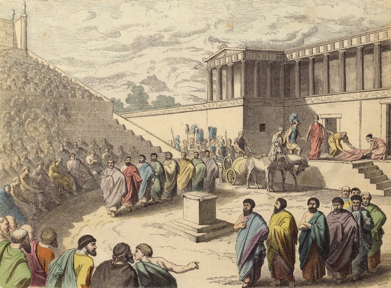 Představení hry Agamemnon v divadle ve starověkém Řecku (barevná rytina) od German School