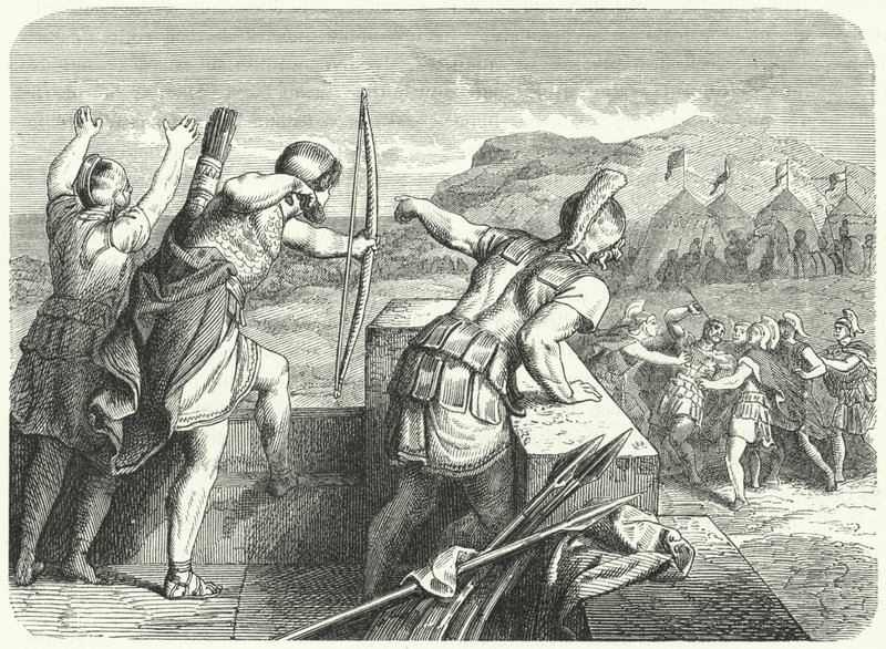 Philip II Makedonský zraněn do oka při obléhání Methone, 355 př.nl (rytina) od German School