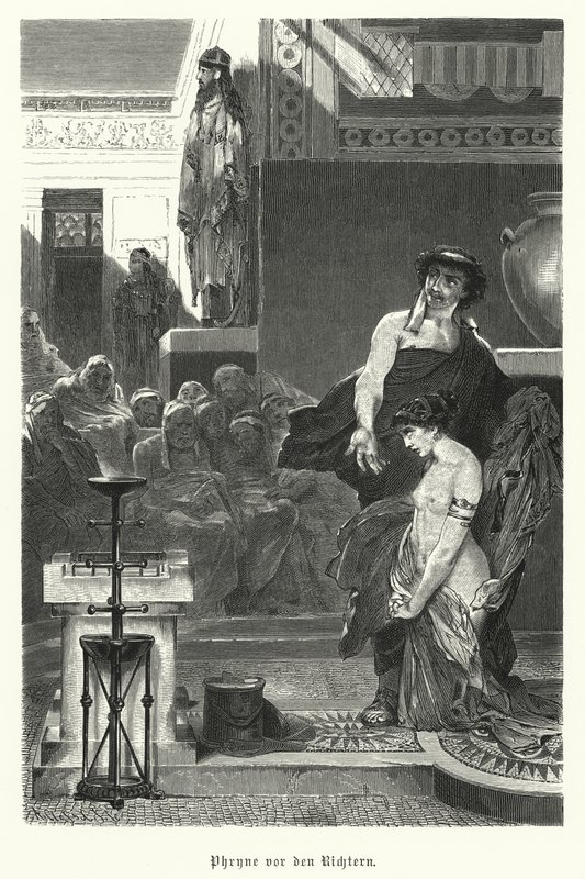 Phryne, starověká řecká kurtizána, před soudem za bezbožnost, 4. století př. n. l. (rytina) od German School