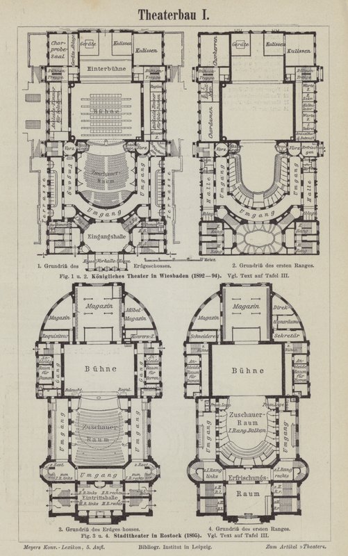 Plány Královského divadla, Wiesbaden a Městského divadla, Rostock, Německo (rytina) od German School