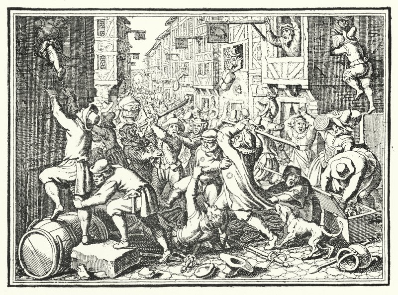 Vyplenění Judengasse, židovského ghetta ve Frankfurtu, v Fettmilch Rising, 1614 od German School