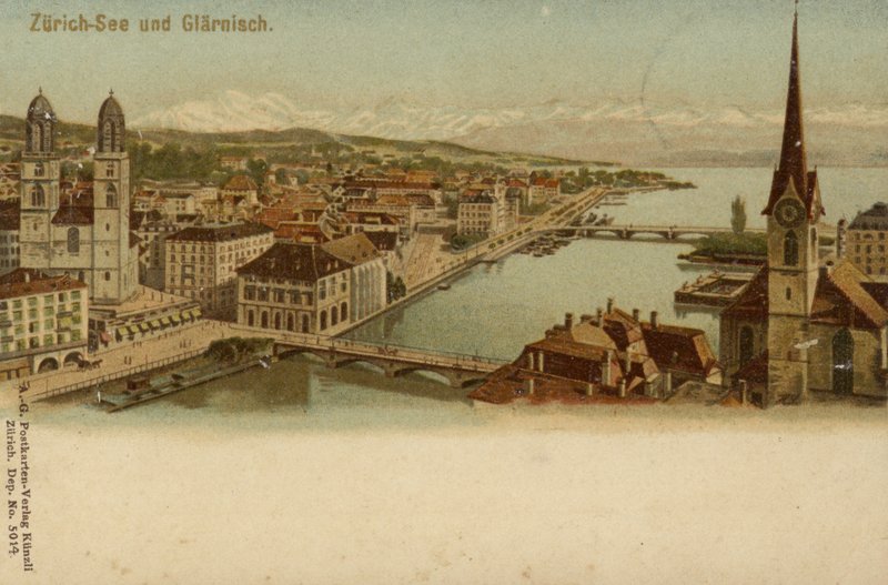 Pohlednice zobrazující celkový pohled na město Curych od German School