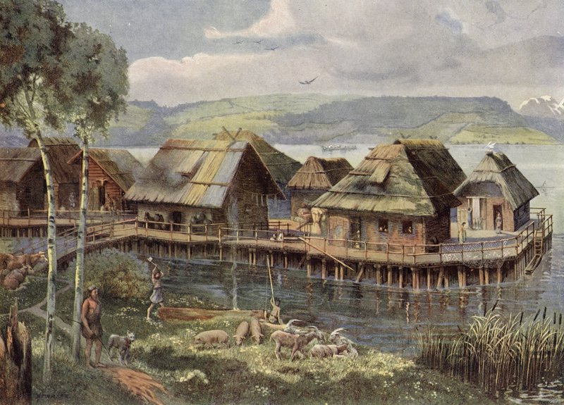 Prehistorická evropská jezerní vesnice (barevná litografie) od German School