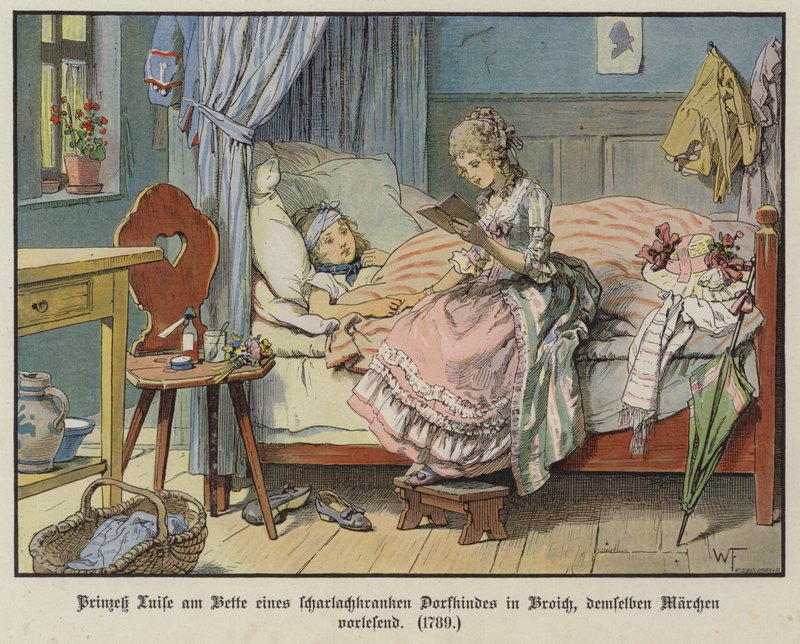 Princezna Louise z Mecklenburg-Strelitz čte u postele nemocné vesnické dívky v Broichu od German School