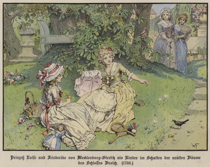 Princezny Louise a Friederike z Mecklenburg-Strelitz ve stínu pod stromy hradu Broich jako děti od German School