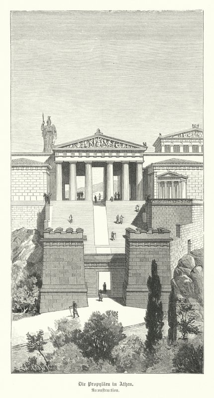 Propylaea, vchod do Akropole v Aténách, starověké Řecko (rytina) od German School