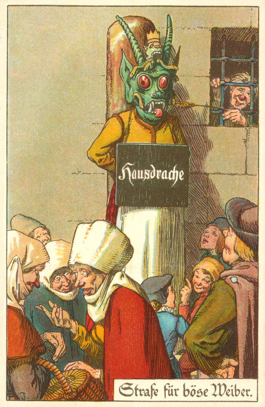 Trest pro špatné manželky (barevná litografie) od German School