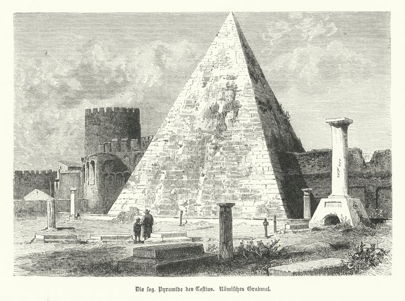 Cestiova pyramida, hrobka Gaia Cestia, Řím, postavená v roce 12 př.nl (rytina) od German School