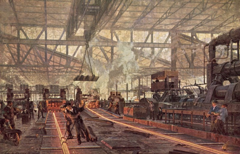 Železniční válcovna, Krupp Steelworks, Essen, Německo od German School