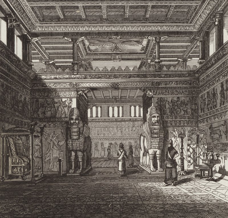 Rekonstrukce sálu asyrského krále. Ilustrace pro Bilder-Atlas (rytina) od German School