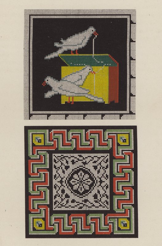 Reprodukce podlahové mozaiky z Pompejí jako kus výšivky (chromolitho) od German School