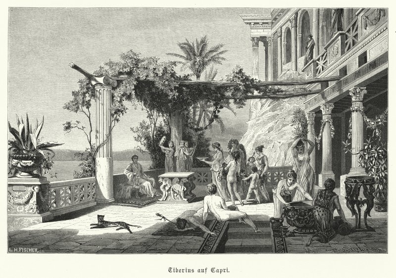 Římský císař Tiberius na ostrově Capri (rytina) od German School