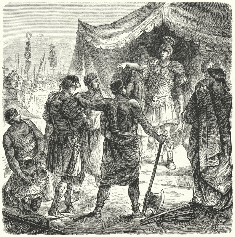 Římský konzul Titus Manlius Torquatus odsuzující svého syna k smrti za to, že opustil své místo v bitvě (rytina) od German School