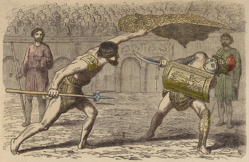 Římští gladiátoři: Retiarius bojující se Samnitem (barevná rytina) od German School