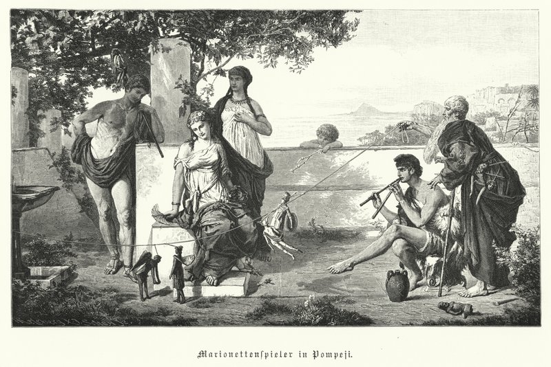 Římští loutkáři v Pompejích (rytina) od German School