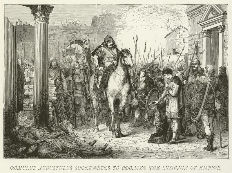 Romulus Augustulus se vzdává Odoacerovi Insignie říše od German School