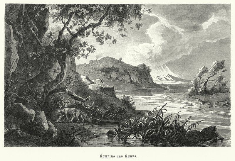 Romulus a Remus, legendární zakladatelé starověkého Říma, kojení vlčicí v divočině (rytina) od German School