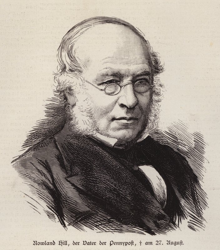 Rowland Hill , britský reformátor poštovní služby a vynálezce poštovní známky (rytina) od German School