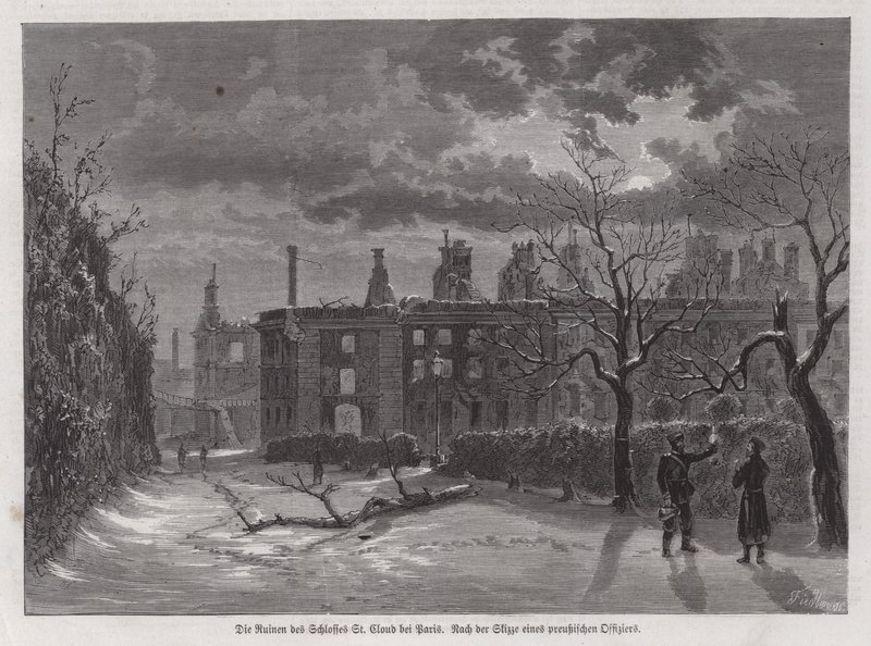 Ruiny Chateau de Saint-Cloud, Paříž, zničené pruským ostřelováním v roce 1870 během francouzsko-pruské války (rytina) od German School