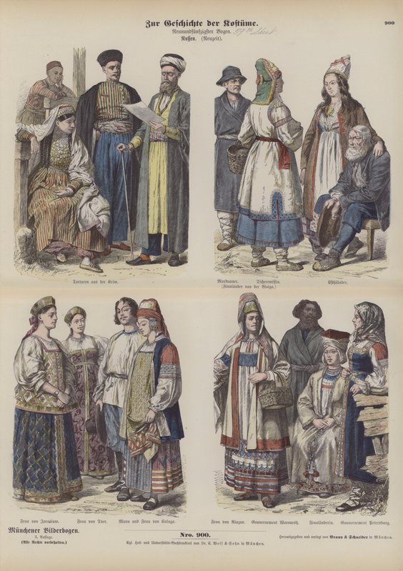 Ruské kostýmy, konec 19. století (barevná rytina) od German School