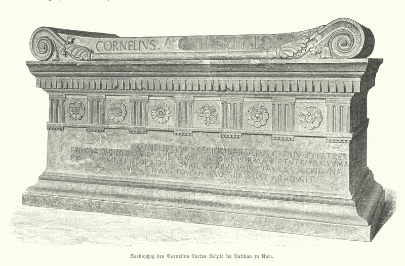 Sarkofág římského vojáka a konzula Lucius Cornelius Scipio Barbatus ve Vatikánu, Řím (rytina) od German School