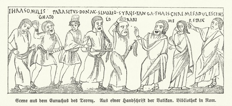 Scéna z Eunucha (Eunuch), komedie římského dramatika Terence (litho) od German School