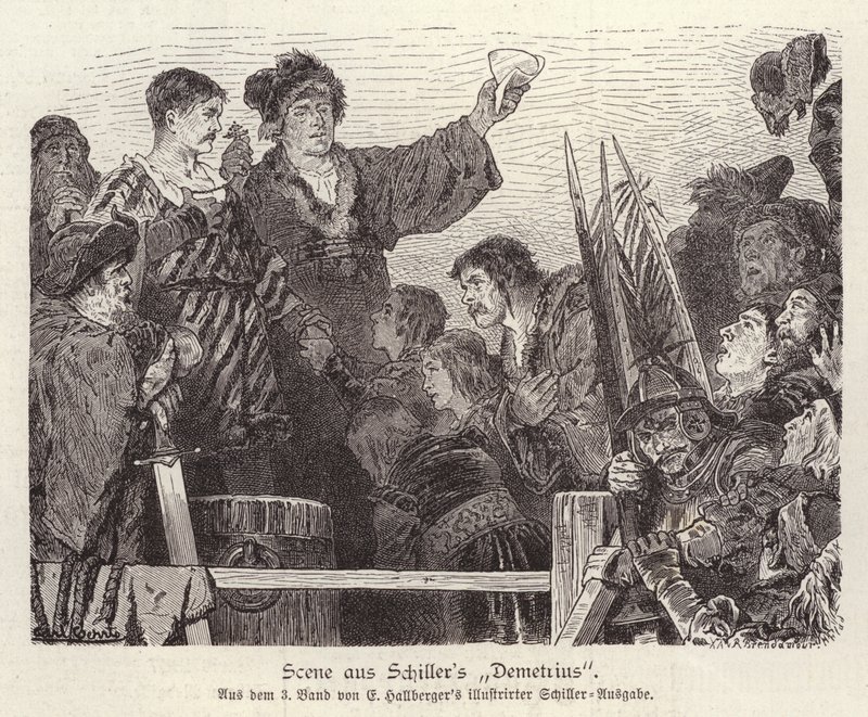 Scéna z nedokončené hry Friedricha Schillera Demetrius (rytina) od German School