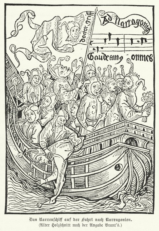 Scéna ze satirické alegorie Sebastiana Branta Loď bláznů (rytina) od German School