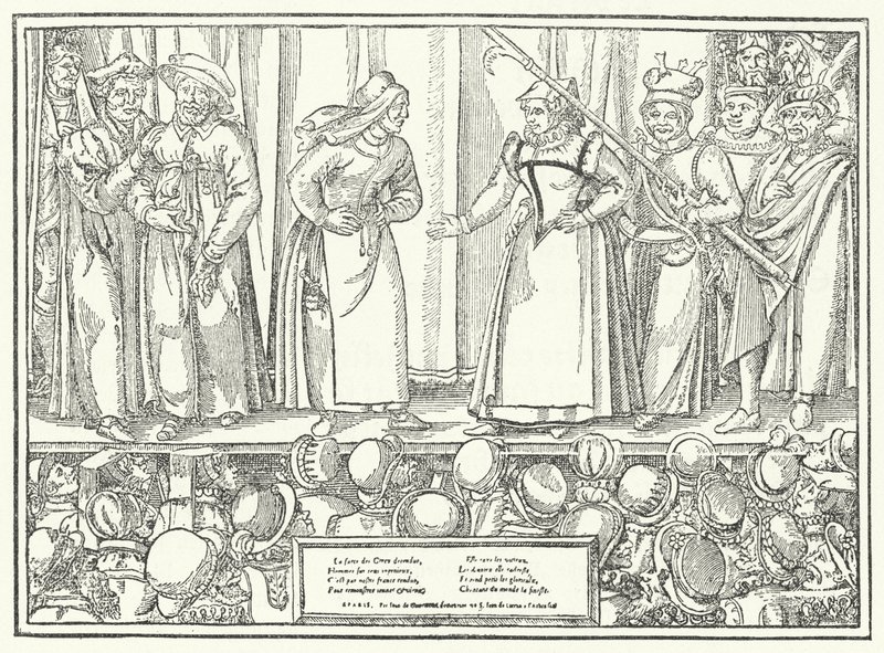Scéna z hry v pozdně středověkém divadle (rytina) od German School