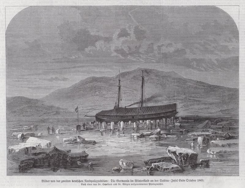 Schooner Germania na ostrově Sabine u východního pobřeží Grónska, druhá německá severní polární expedice, konec října 1869 (rytina) od German School