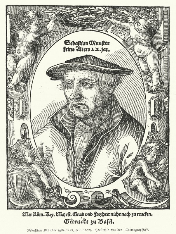 Sebastian Muenster, německý kartograf, kosmograf a autor Cosmographia, nejstarší dílo popisující svět v němčině (rytina) od German School