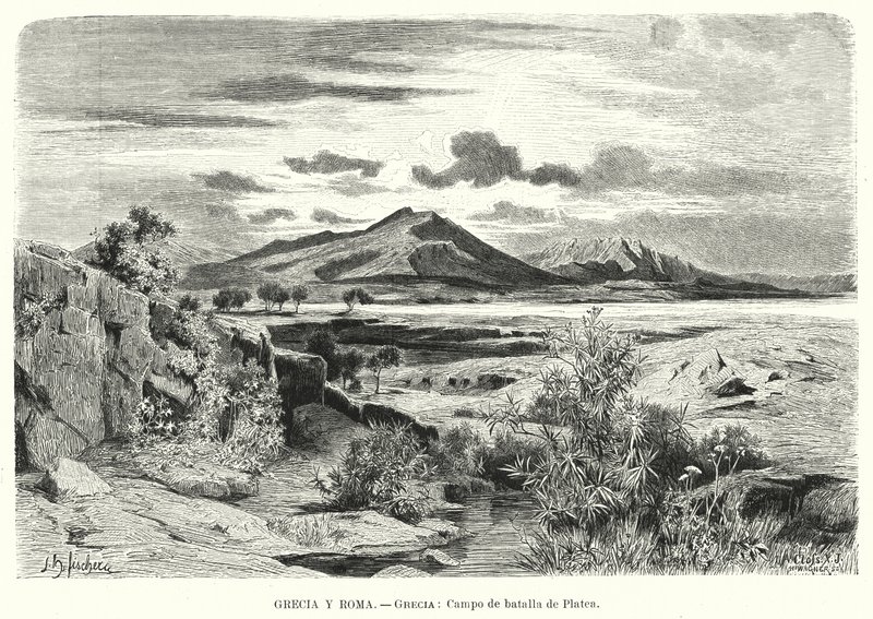 Místo bitvy u Plataea, Řecko (litho) od German School