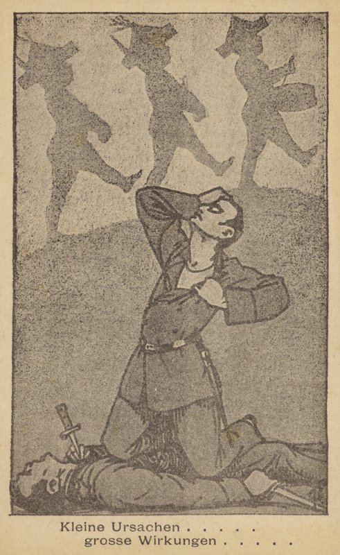 Malé příčiny mají velké účinky. Německá protiválečná ilustrace, vydala WILPF (Mezinárodní ženská liga pro mír a svobodu), konec 20. let 20. století (litografie). od German School