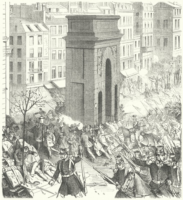 Vojáci v ulicích Paříže během francouzského převratu v prosinci 1851 (rytina) od German School