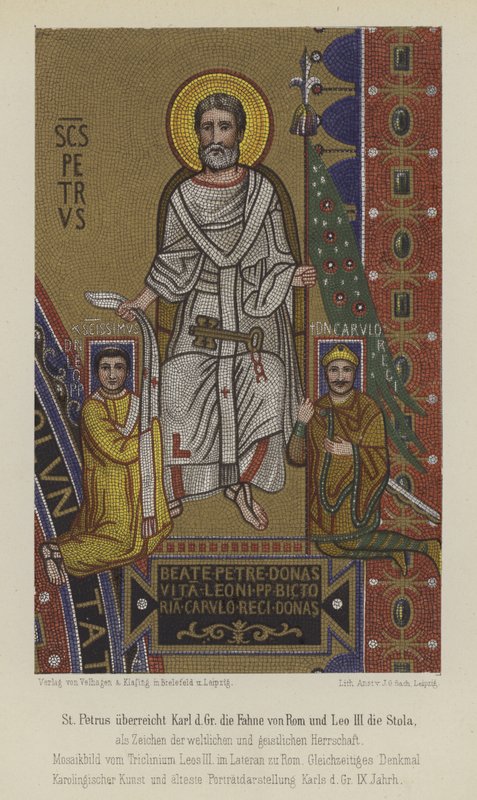 Svatý Petr představuje Karlu Velikému vlajku Říma a papež Lev III štólu (barva litho) od German School