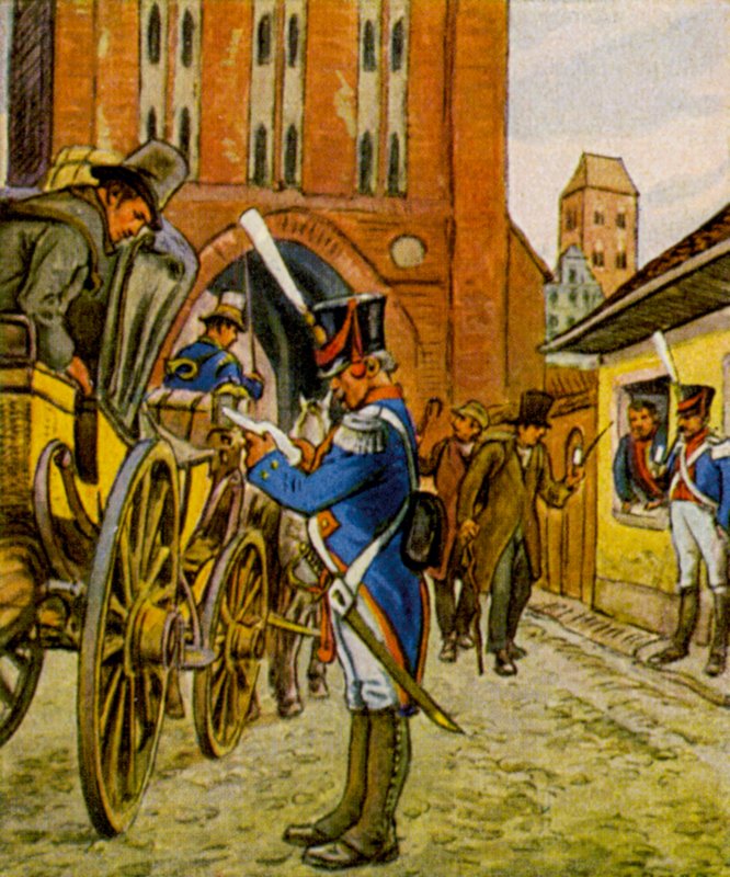 Stadtsoldaten Am Tor / Městští vojáci u brány (barevná litografie) od German School