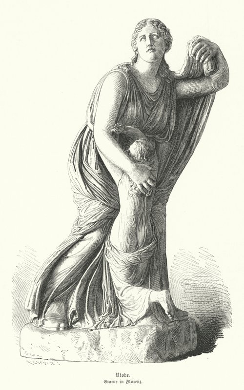 Socha Niobe chránící jedno ze svých dětí před Artemis a Apollónem (rytina) od German School