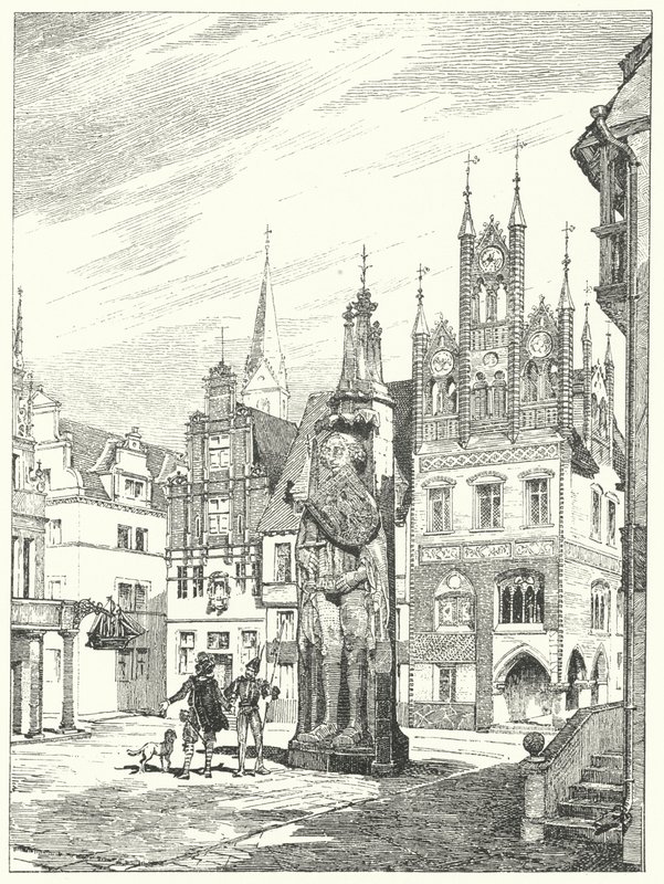 Socha Rolanda postavená v roce 1404 čelem ke katedrále v Brémách, Německo (rytina) od German School