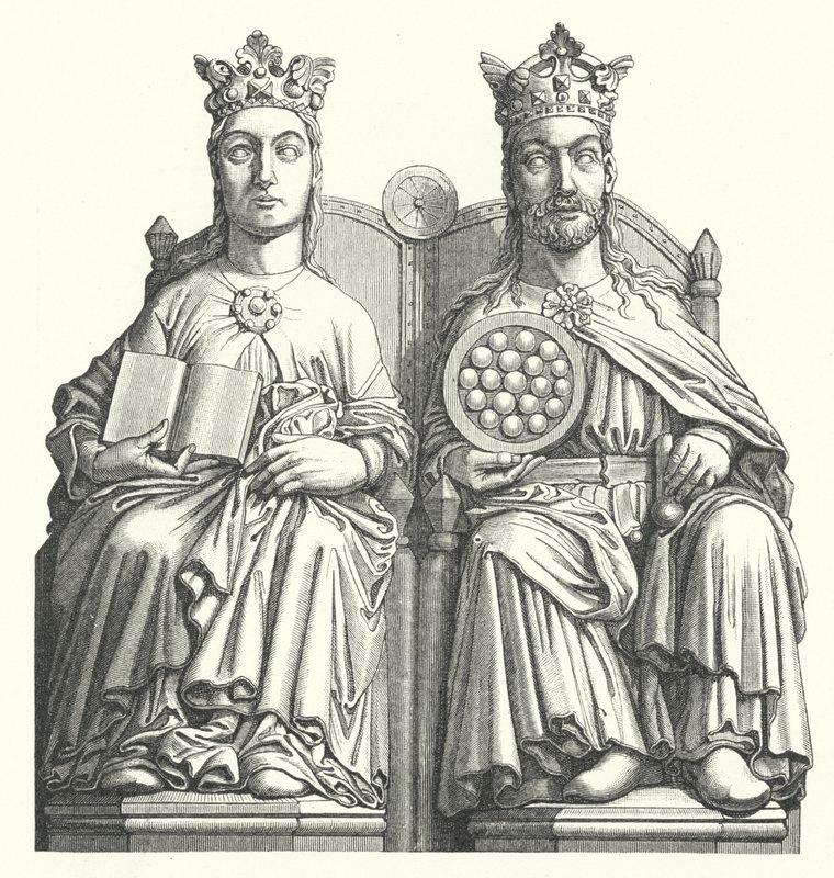 Sochy v magdeburské katedrále nazvané „Královský pár“ měly zobrazovat krále Ottu I. a jeho manželku Edith Anglickou (rytina) od German School