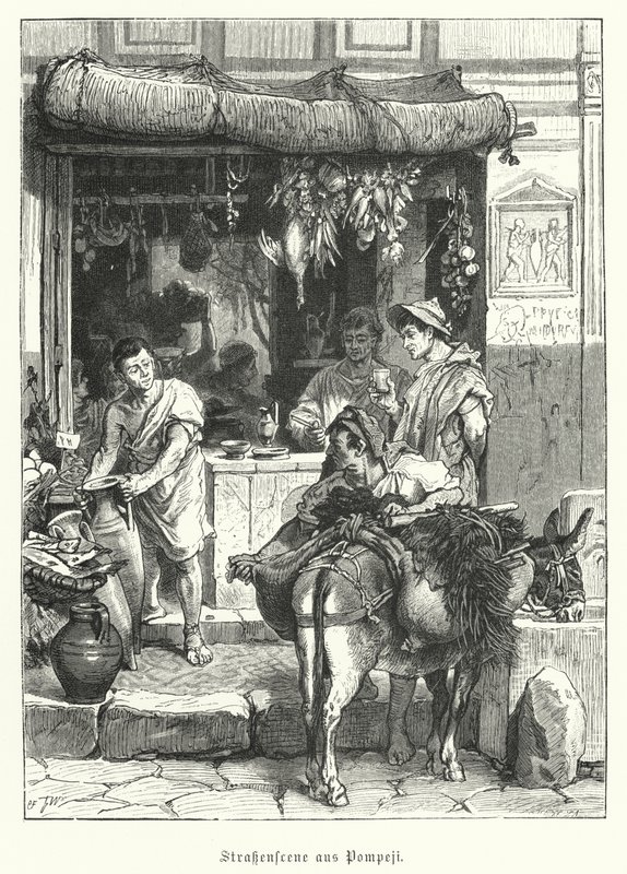 Pouliční scéna ve starověkém římském městě Pompeje (rytina) od German School