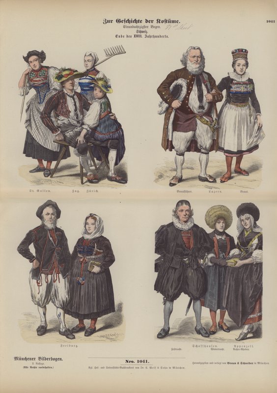 Švýcarský kroj, konec 18. století (barevná rytina) od German School