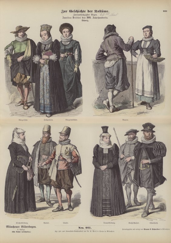 Švýcarské kostýmy, polovina 17. století (barevná rytina) od German School